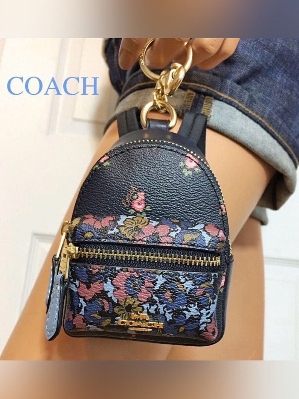 Coach Floral Mini Backpack Bag Charm Keychain Zip Navy Blue Multi (F58553) - EUC